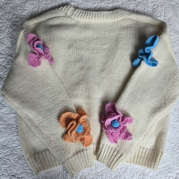 Dreamers Cream Knit Cardigan With Colorful Crochet 3D Flowers Sweater - Picture 12 of 14